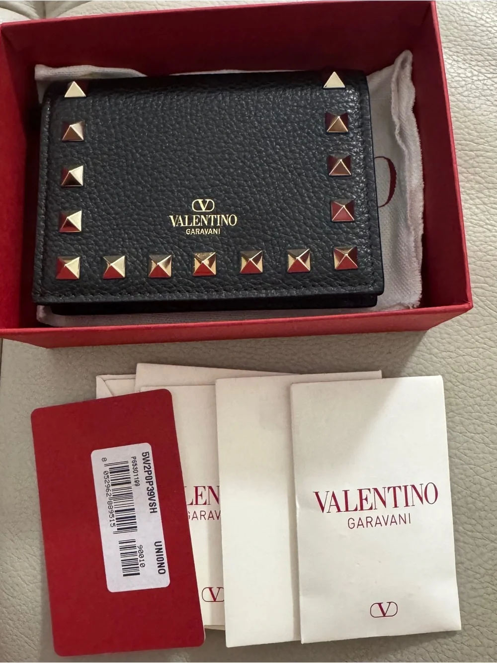 Valentino Garavani Black Leather Card Holder with Gold Rock-studs .new full set